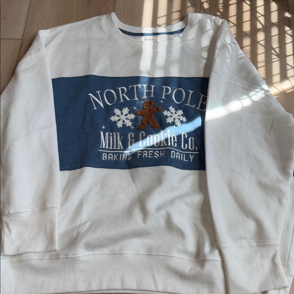 North Pole Milk & Cookie Co. White and Blue Sweater